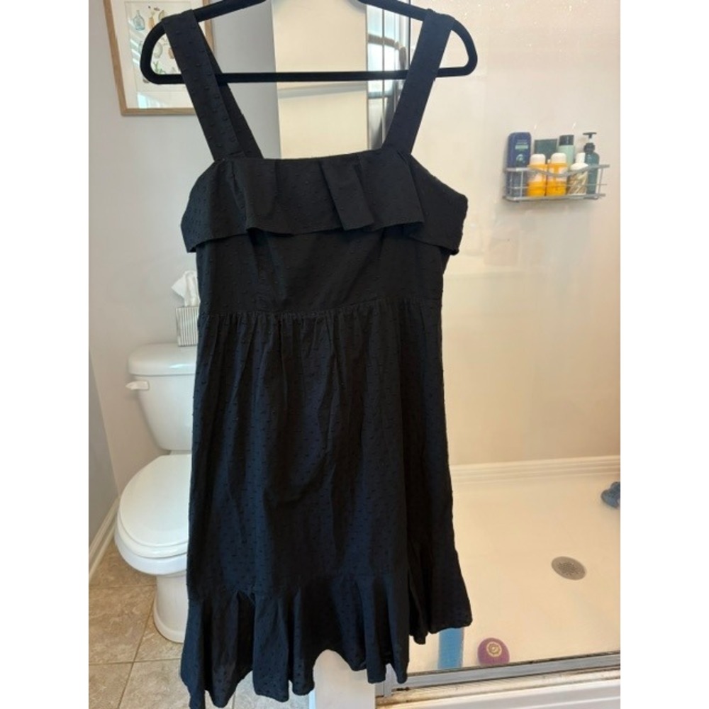 J.Crew Black Swiss Dot Cotton Ruffle Midi Dress Smocked Back Size 10